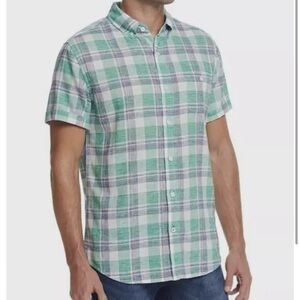 Weatherproof Vintage Mens Short Sleeve  Linen Shirt Large Green/Navy Plaid